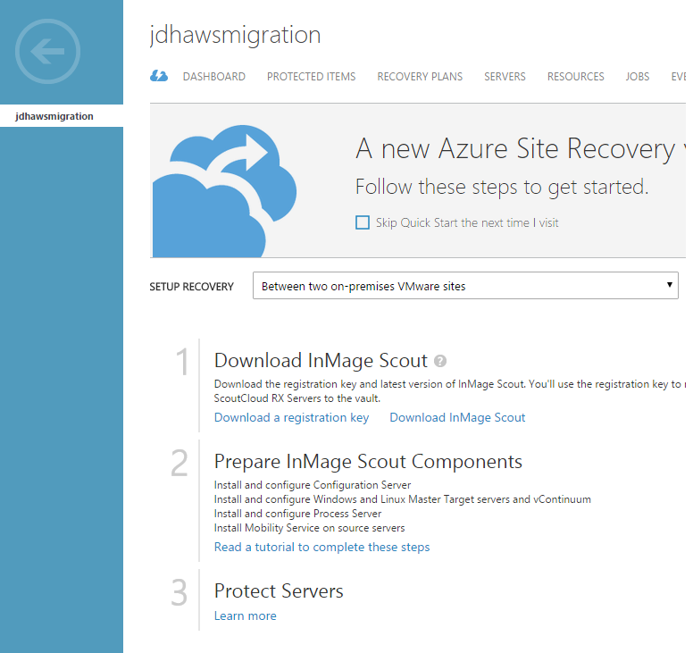 Azure Site recovery start page