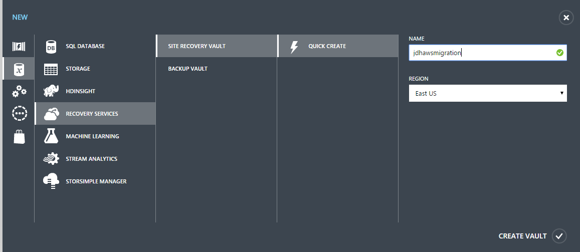 Create Azure Site Recovery Vault