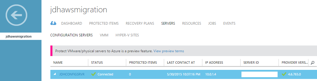 Azure Site Recovery Config Server in vault