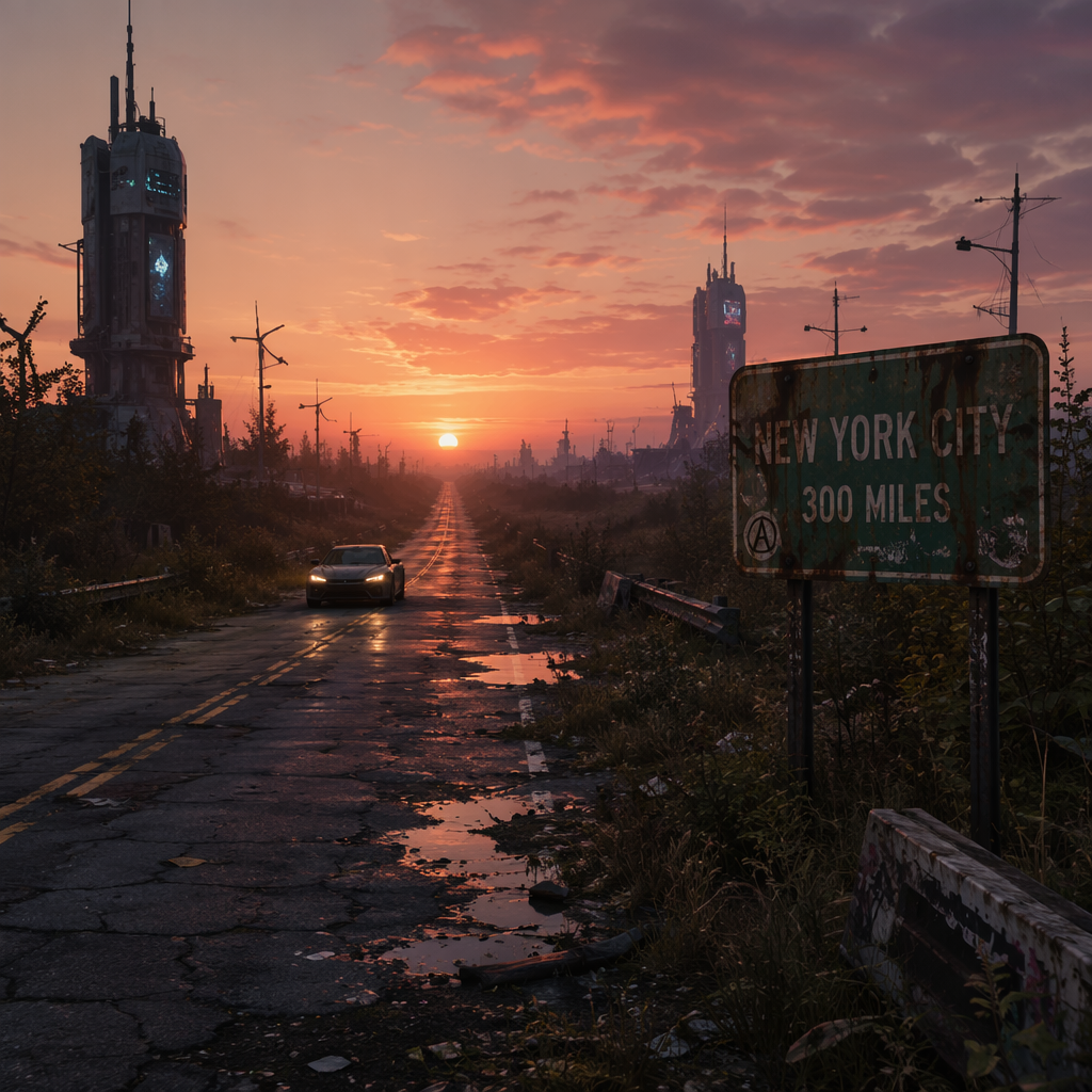 Prompt: Set in dusk, with a setting sun, there is a road that disappears over the horizon with a single car heading towards the viewer. The sides of the road are overgrown and feel abandoned and littered with some futuristic elements. There is a sign that says New York City, 300 miles and it is worn.