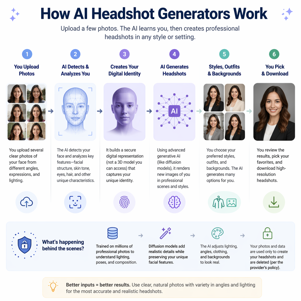 Prompt: Create an infographic that explains how AI headshot generators work - the ones that you give it some photos of yourself and it can generate a professional style headshot
