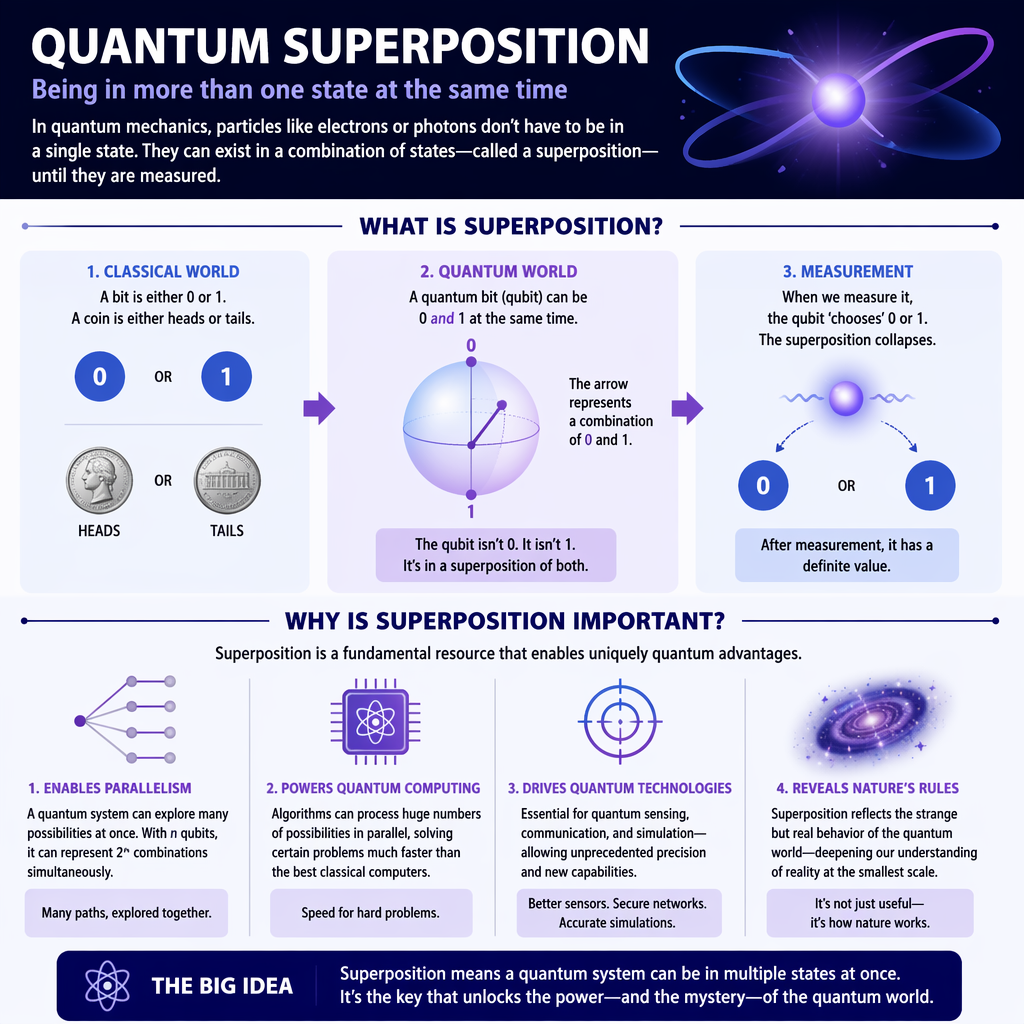 Prompt: I want an infographic that explains what quantum superposition means and why it is important